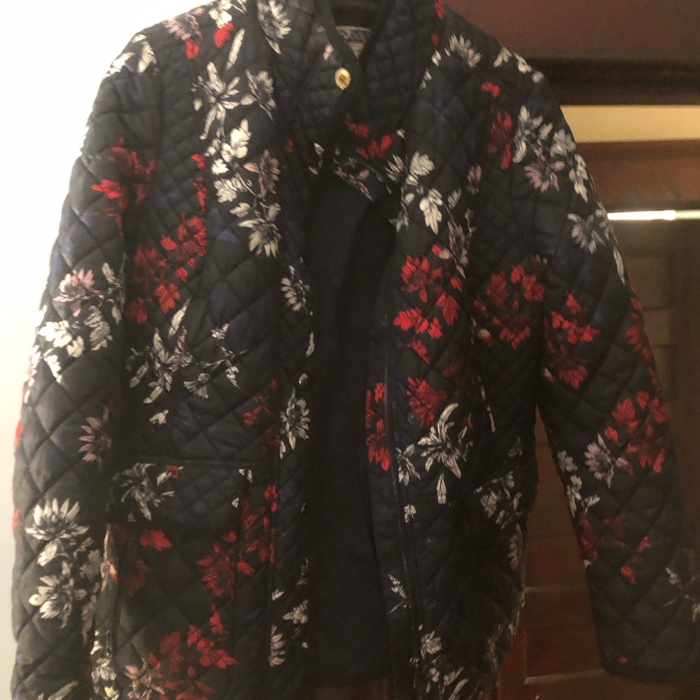 Joules Navy Quilted Jacket with Red & White Floral Print